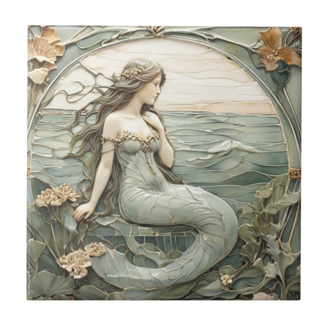 Art Nouveau Mermaid Faux Relief R Mint Ocean Sea Tile (Front)