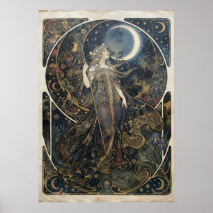 Art Nouveau Moon Goddess Woman Celestial Floral Po Poster