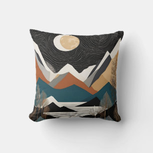 Art Nouveau Moon Over Mountains  Black And Gold  Cushion