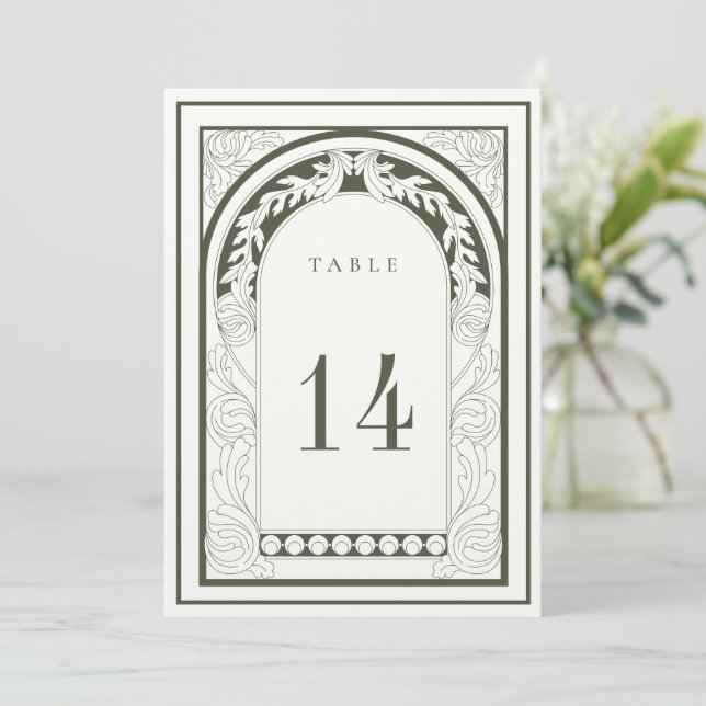 Art Nouveau Moss Green Table Number Card (Standing Front)