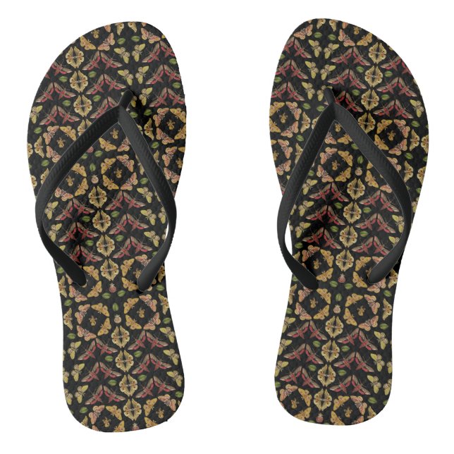 Art Nouveau Moth & Orchid folk art black Flip Flops (Footbed)