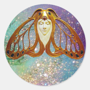 ART NOUVEAU MOTH WOMAN IN GOLD BLUE SPARKLES CLASSIC ROUND STICKER