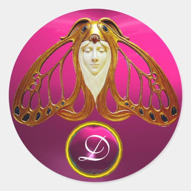 ART NOUVEAU MOTH WOMAN  PINK FUCHSIA GEM MONOGRAM CLASSIC ROUND STICKER (Front)