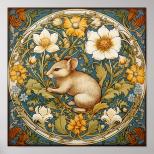 Art nouveau mouse and flowers poster