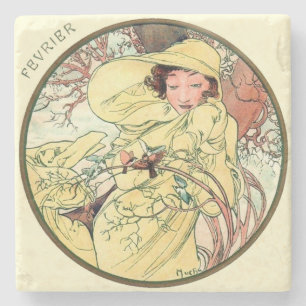 Art Nouveau Mucha Calendar February Stone Coaster