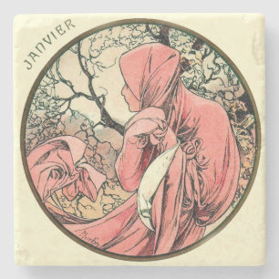 Art Nouveau Mucha Calendar January Stone Coaster