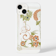 Art nouveau Mucha floral abstract art peach green