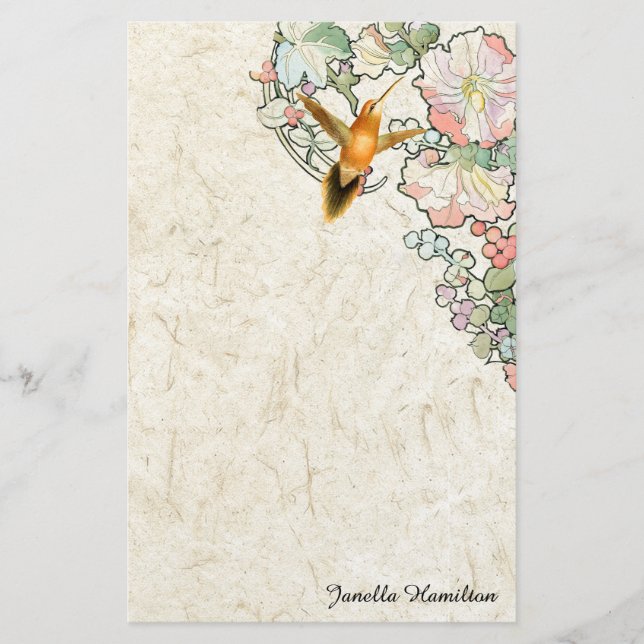 Art Nouveau Mucha Flowers Hummingbird Stationery (Front)