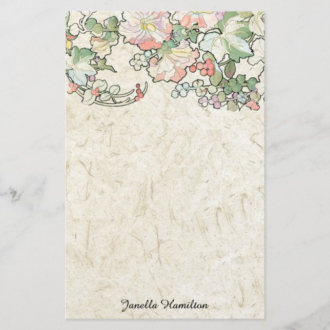 Art Nouveau Mucha Hollyhock Flowers Stationery (Front)