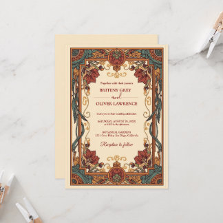 Art Nouveau Mucha vintage burgundy Floral Wedding Invitation