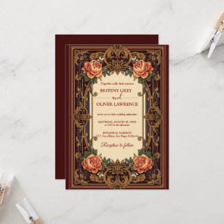 Art Nouveau Mucha vintage burgundy Floral Wedding Invitation