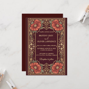 Art Nouveau Mucha vintage burgundy Floral Wedding Invitation