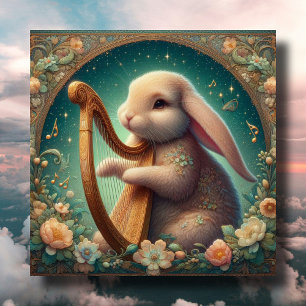 Art Nouveau Musician Bunny Harp Easter Holiday Card