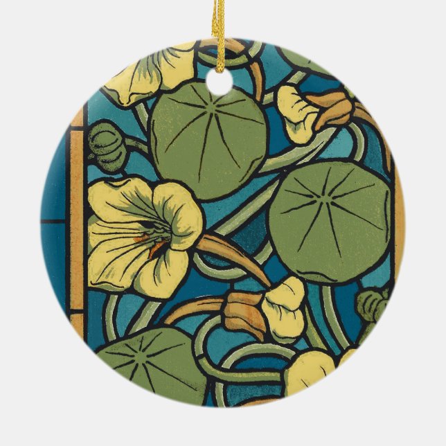 Art Nouveau Nasturtium Blue Gold floral Verneuil  Ceramic Tree Decoration (Back)