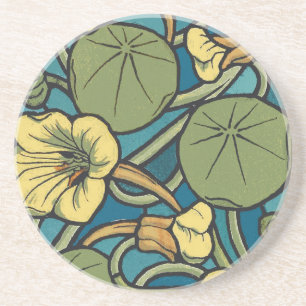 Art Nouveau Nasturtium Blue Gold floral Verneuil  Coaster