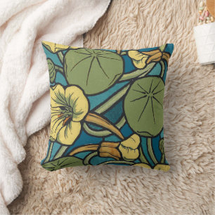 Art Nouveau Nasturtium Blue Gold floral Verneuil  Cushion