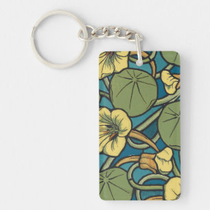 Art Nouveau Nasturtium Blue Gold floral Verneuil  Key Ring