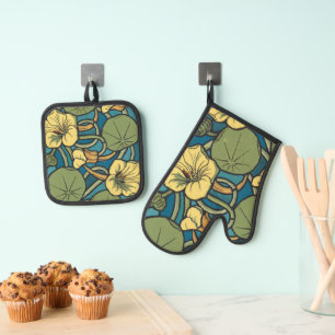 Art Nouveau Nasturtium Blue Gold floral Verneuil  Oven Mitt & Pot Holder Set