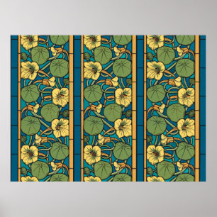 Art Nouveau Nasturtium Blue Gold floral Verneuil Poster