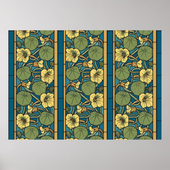 Art Nouveau Nasturtium Blue Gold floral Verneuil  Poster (Front)