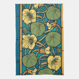 Art Nouveau Nasturtium Blue Gold floral Verneuil  Tea Towel