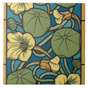 Art Nouveau Nasturtium Blue Gold floral Verneuil  Tile