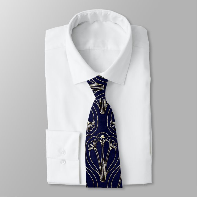 Art Nouveau Navy Blue and Gold Tie (Tied)