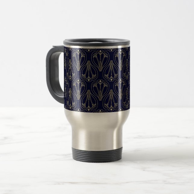 Art Nouveau Navy Blue and Gold Travel Mug (Front Left)