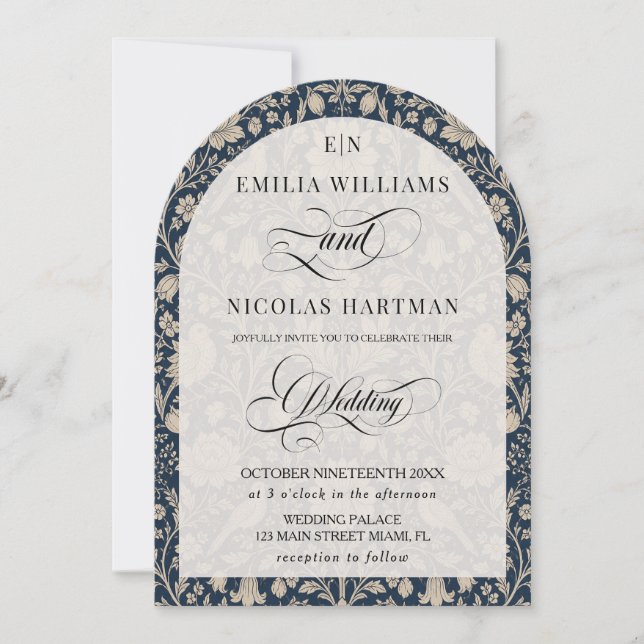 Art Nouveau Navy Monogram Wedding Invitation (Front)