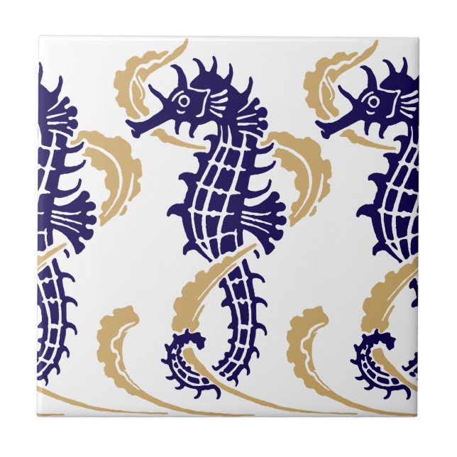 Art Nouveau Ocean Beach Nautical Seahorse Frieze Tile (Front)