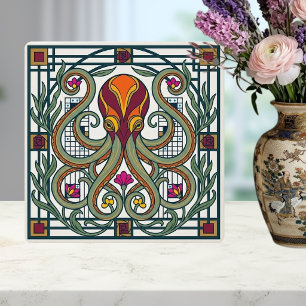 Art Nouveau Octopus Orange Burgundy Floral Tile