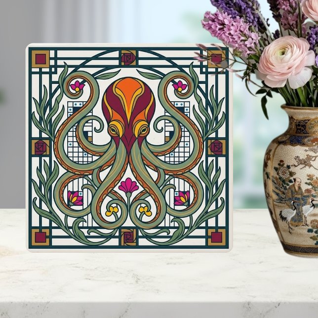 Art Nouveau Octopus Orange Burgundy Green Floral D Tile (Creator Uploaded)