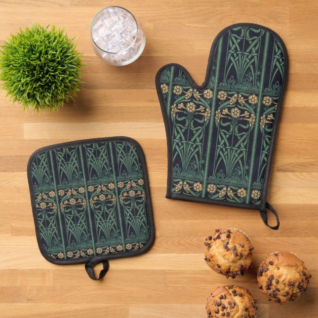 Art Nouveau Old Book Spine Oven Mitt & Pot Holder Set (Top Down)