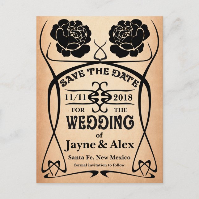 Art Nouveau Old West Rose Wedding Save the Date Announcement Postcard (Front)