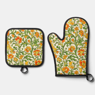 Art Nouveau orange and yellow floral pattern Oven Mitt & Pot Holder Set