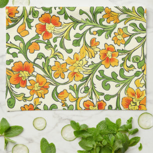  Art Nouveau orange and yellow floral pattern  Tea Towel
