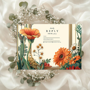 Art Nouveau Orange Floral Wedding RSVP Card