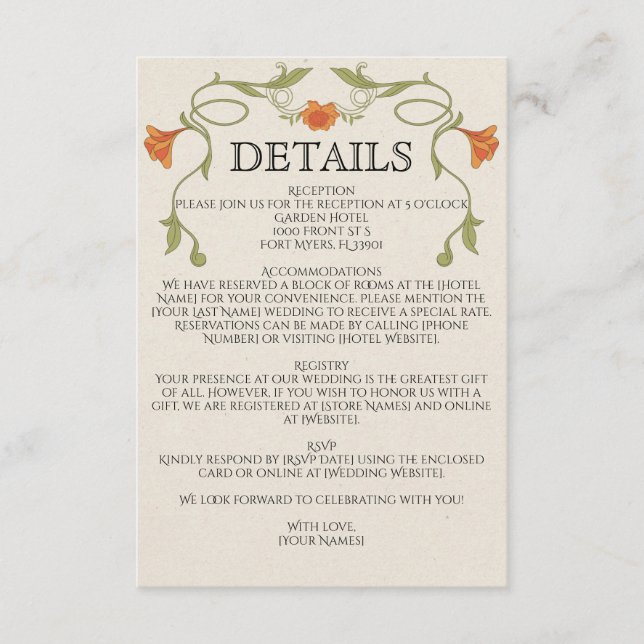 Art Nouveau Orange Flowers Green Wedding Details Enclosure Card (Front)