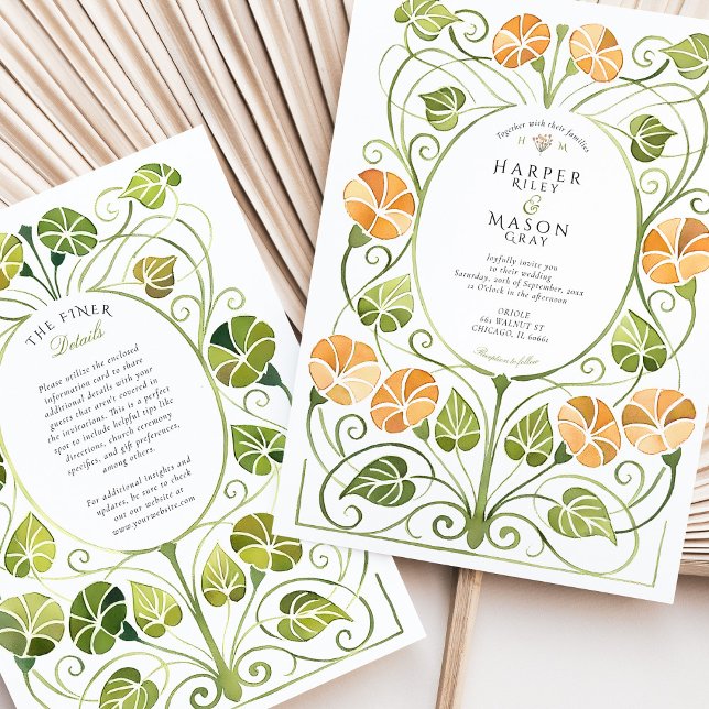 Art Nouveau Orange Greenery Foliage Wedding Invitation (Creator Uploaded)
