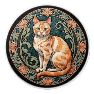 Art Nouveau Orange Tiger Cat Ceramic Knob