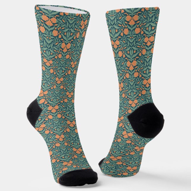 Art Nouveau orange tulip-like floral pattern Socks (Angled)