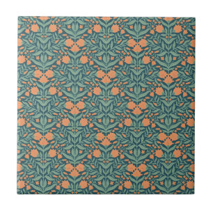 Art Nouveau orange tulip-like floral pattern Tile