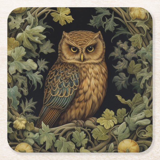 Art nouveau owl in the forest square paper coaster (Front)