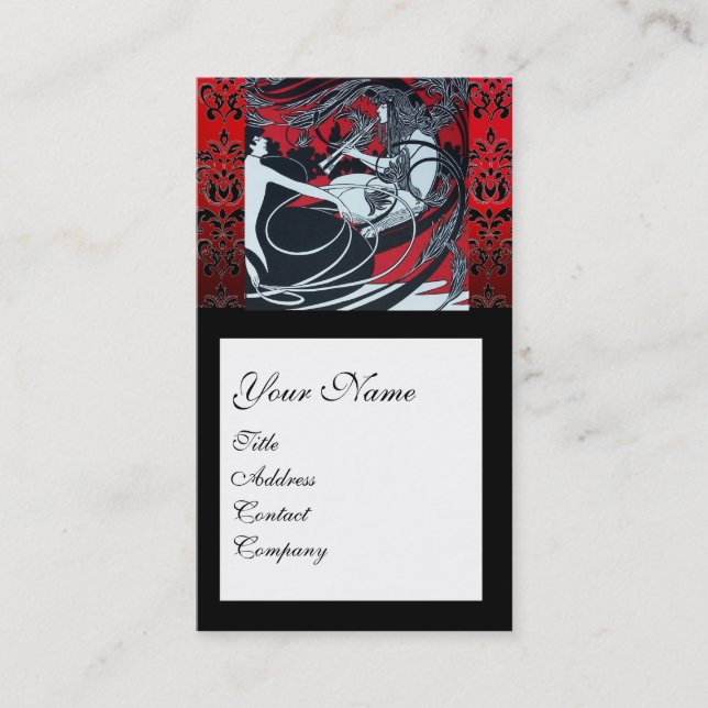ART NOUVEAU PAN , RED BLACK WHITE DAMASK MONOGRAM BUSINESS CARD (Front)