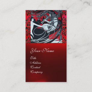 ART NOUVEAU PAN , RED BLACK WHITE DAMASK MONOGRAM BUSINESS CARD