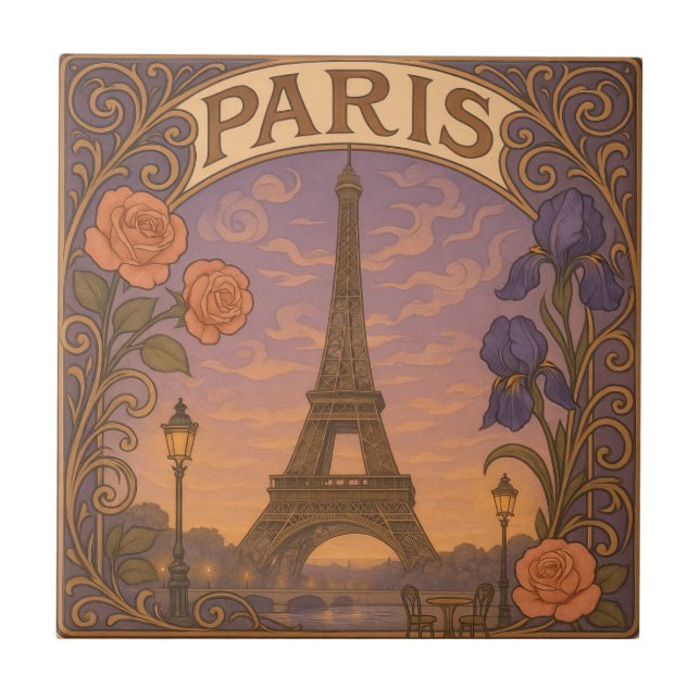 Art Nouveau Paris Eifel Tower Floral Tile (Front)
