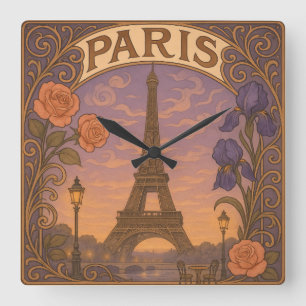 Art Nouveau Paris Eiffel Tower Floral Square Wall Clock