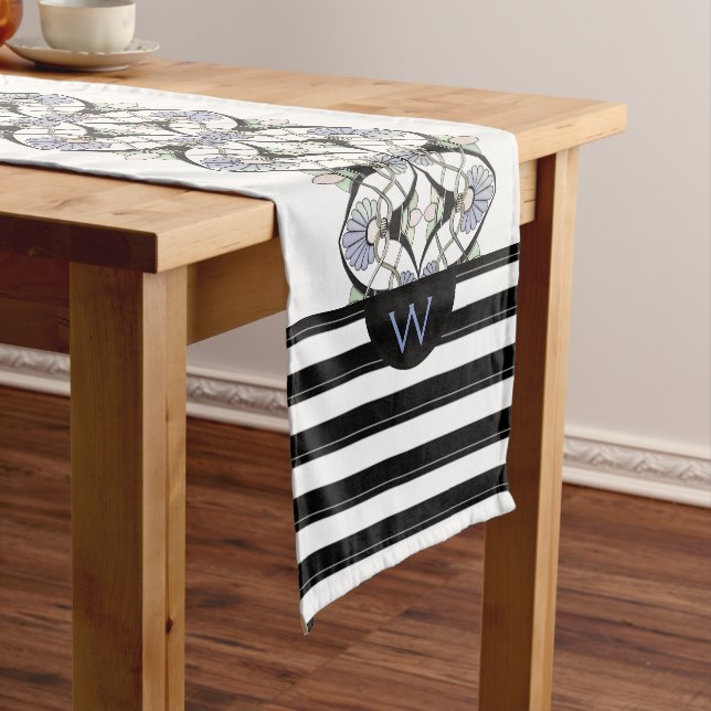 Art Nouveau Pastel Shells, Lilies & Black Stripes Short Table Runner (In Situ)