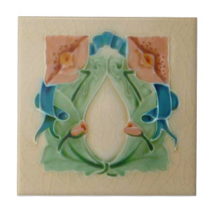 Art Nouveau Peach Mint Teal Floral Antique Repro Tile