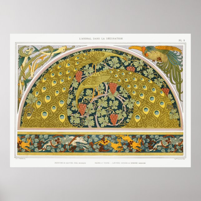 Art nouveau peacock animals grapevines verneuil poster (Front)
